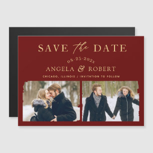 Burgundy Red Gold 2 Photo Save the Date Magnet