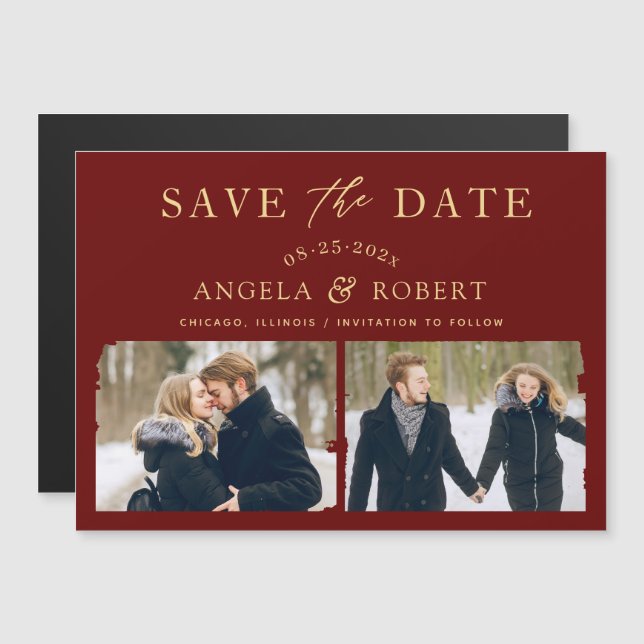 Burgundy Red Gold 2 Photo Save the Date Magnet (Anverso/Reverso)
