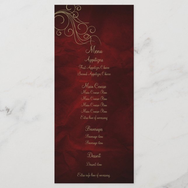 Burgundy Red Gold Elegant Wedding Menu Card Tarjet (Anverso)