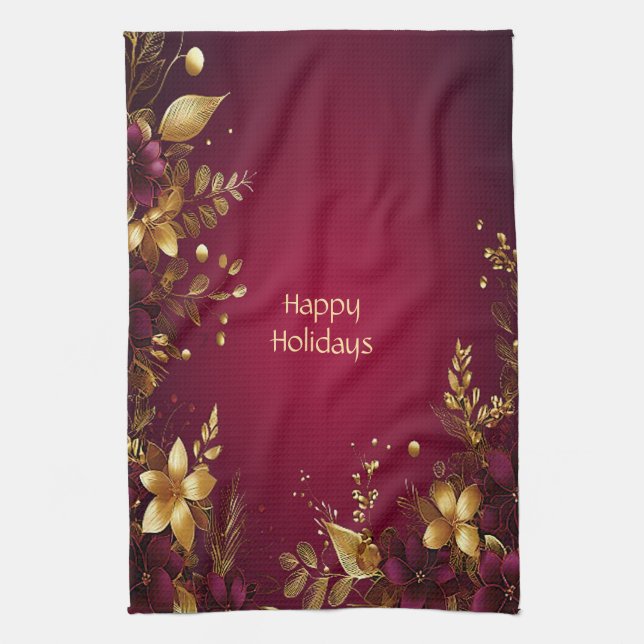 Burgundy Red Gold Flowers Holiday Kitchel Toalla (Vertical)