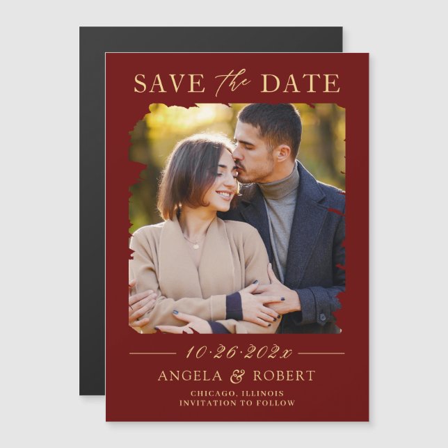 Burgundy Red Gold Photo Save the Date Magnet (Anverso/Reverso)
