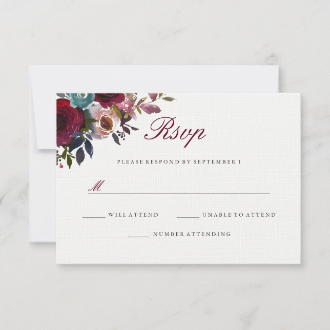 Burgundy Red Watercolor Floral Wedding RSVP (Anverso)