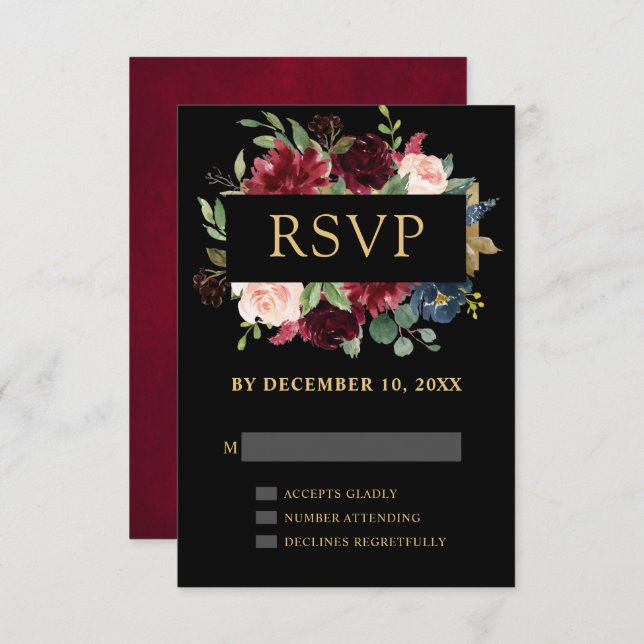 Burgundy Rojo Azul Marino Floral Boho Boda RSVP (Anverso / Reverso)