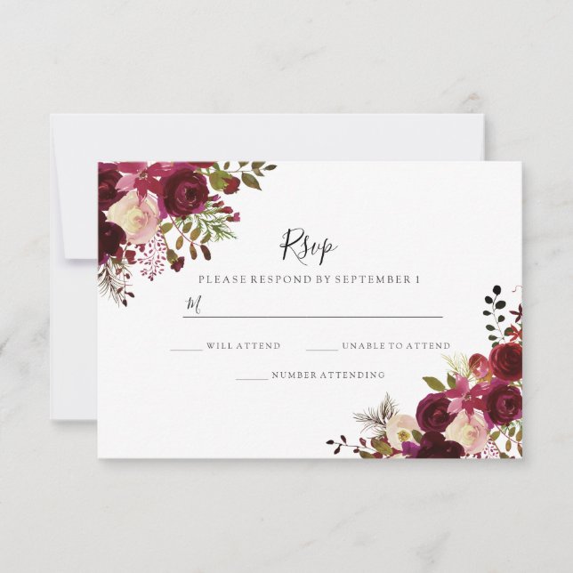 Burgundy Rojo Floral Boda Marsala RSVP (Anverso)