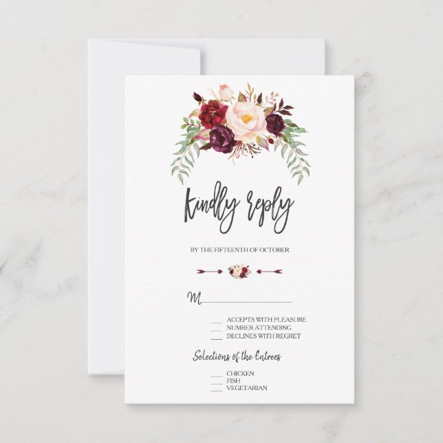 Burgundy Rojo Marsala Floral Lettering a mano RSVP (Anverso)