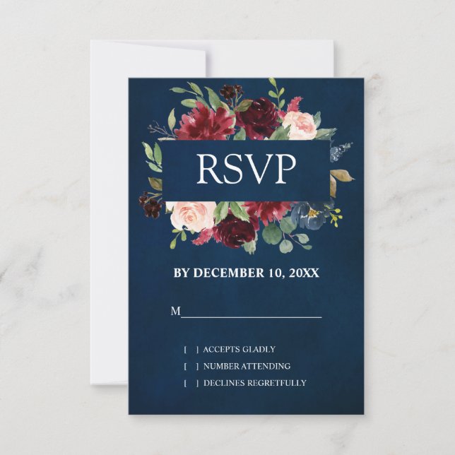 Burgundy Rojo Navy Floral Boho Boda RSVP (Anverso)