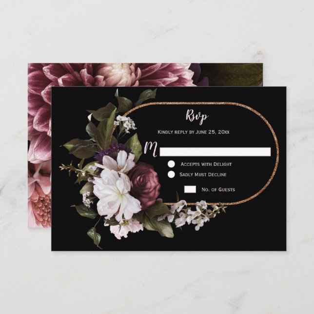 Burgundy Rosa Blanco Floral Dorado Marco RSVP | (Anverso / Reverso)