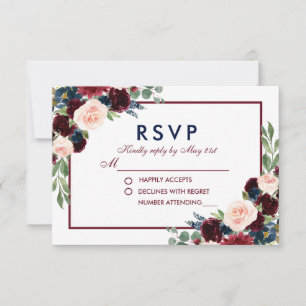 Burgundy RSVP de Boda Floral Acuarela Azul