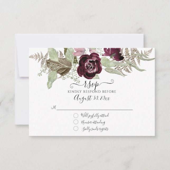 Burgundy Rubor Floral Elegant Sage Wedding RSVP (Anverso)