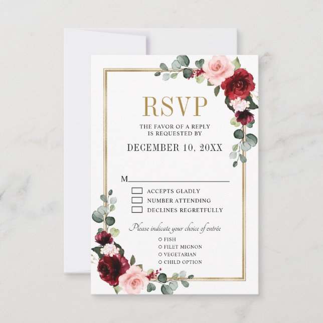 Burgundy Rubor Floral Moderno Geométrico RSVP (Anverso)