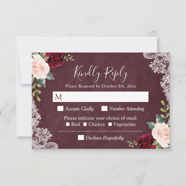 Burgundy Rubor Floral Paisley Lace Wedding RSVP (Anverso)