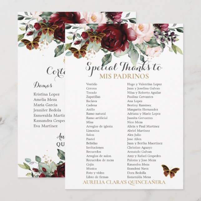 Burgundy Rubor Floral QUINCEAÑERA Padrinos Card (Anverso / Reverso)