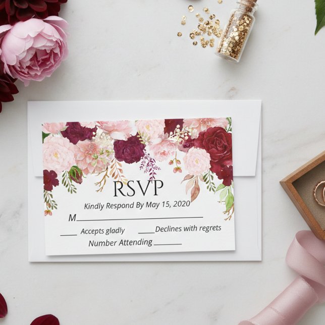 Burgundy Rubor Floral rosa RSVP boda acuarela (Subido por el creador)