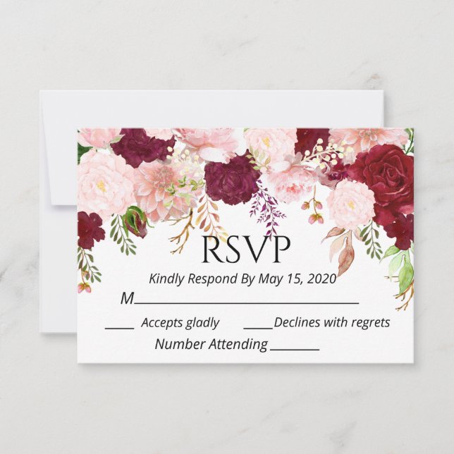 Burgundy Rubor Floral rosa RSVP boda acuarela (Anverso)
