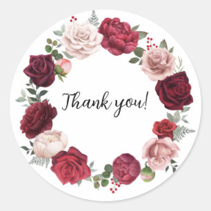 Burgundy Rubor Floral Round Gracias Pegatinas