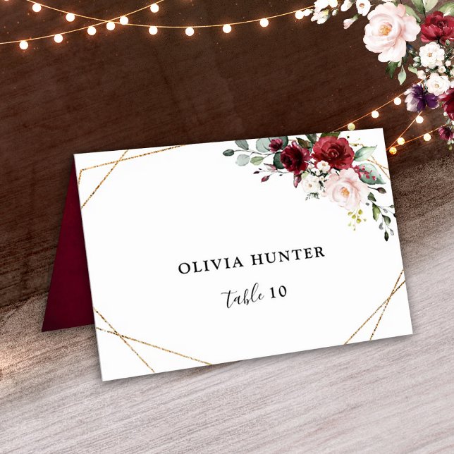 Burgundy Rubor Geometric Boda Tarjeta Place (Burgundy blush floral geometric place card)