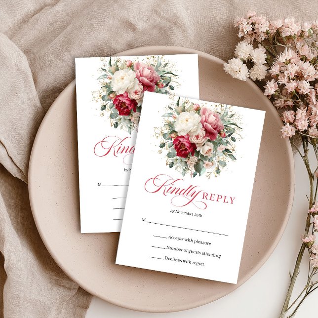 Burgundy Rubor Gold Boda RSVP Estilo Boho (Burgundy Blush Gold Wedding RSVP Boho Style)