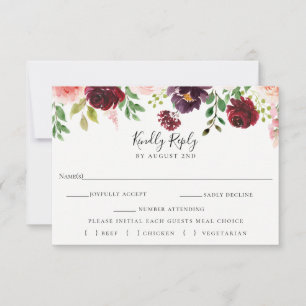 Burgundy Rubor Wedding RSVP Comida Tarjeta de elec