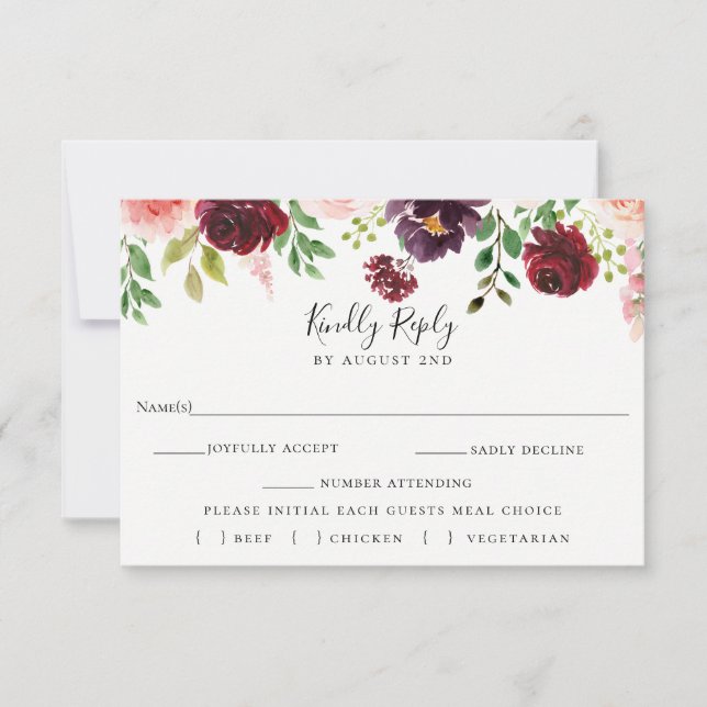 Burgundy Rubor Wedding RSVP Comida Tarjeta de elec (Anverso)