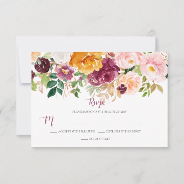 Burgundy Saffron Rubor Mauve Rustic Floral RSVP (Anverso)