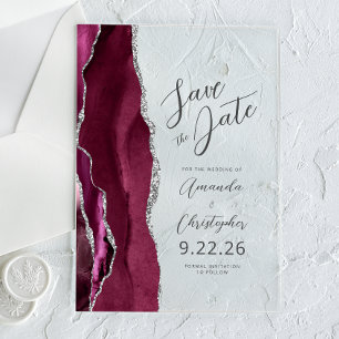 Burgundy Silver Agate Script Anuncio de Fecha
