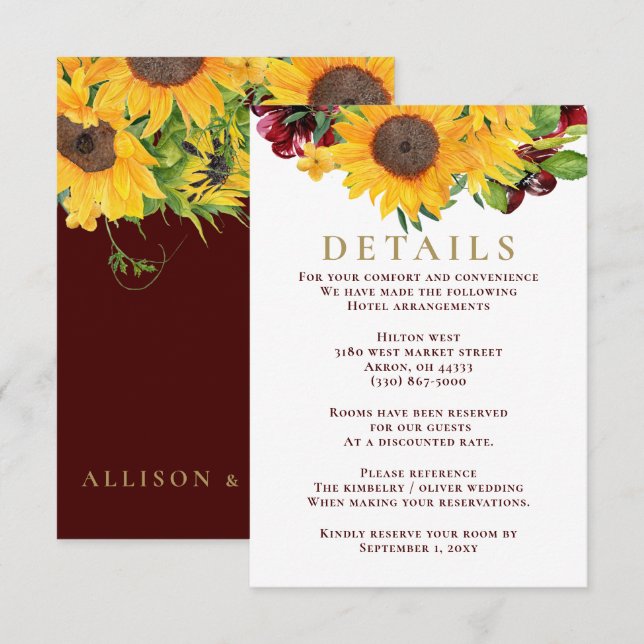 Burgundy Sunflowers Tarjeta de Gabinete de Boda Rú (Anverso / Reverso)