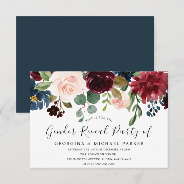 Burgundy Watercolor Género Revelar Invitación de f (Anverso / Reverso)