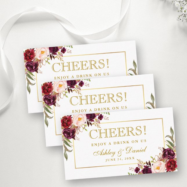 Burgundy Wedding Recepción Bebida Ticket Card Gold (Customize to change text color, style, size or to add more text to back of card.)