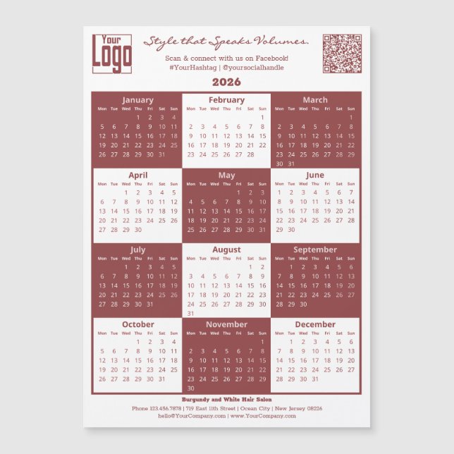 Burgundy White Logo QR-code 2026 Calendar Magnet (Anverso)