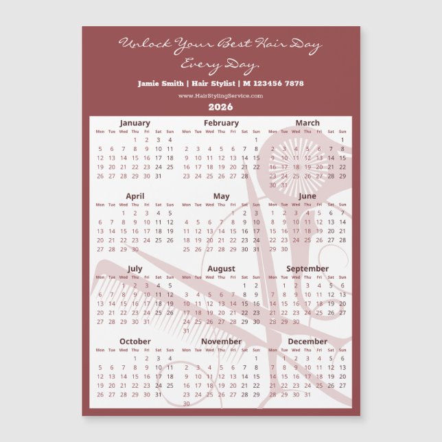 Burgundy White Salon Tools 2026 Calendar Magnet (Anverso)