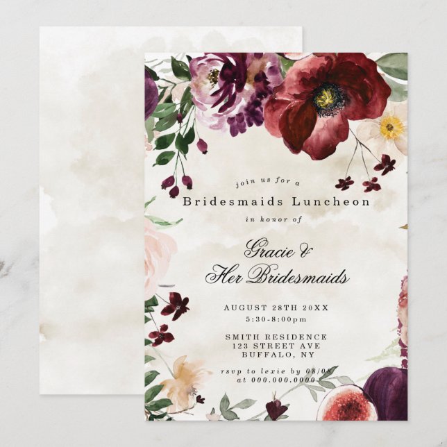 Burgundy Wildflowers Bridesmaids Invitación para e (Anverso / Reverso)