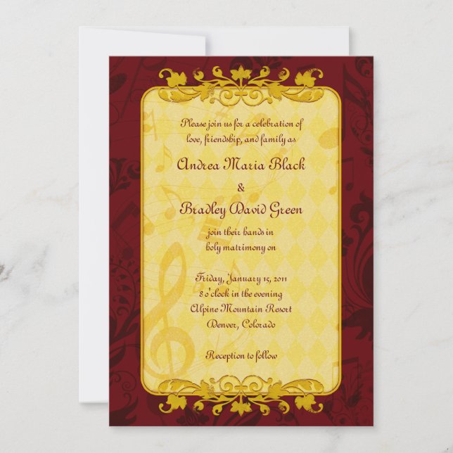 Burgundy y Gold Music Notes Invitación a la boda (Anverso)