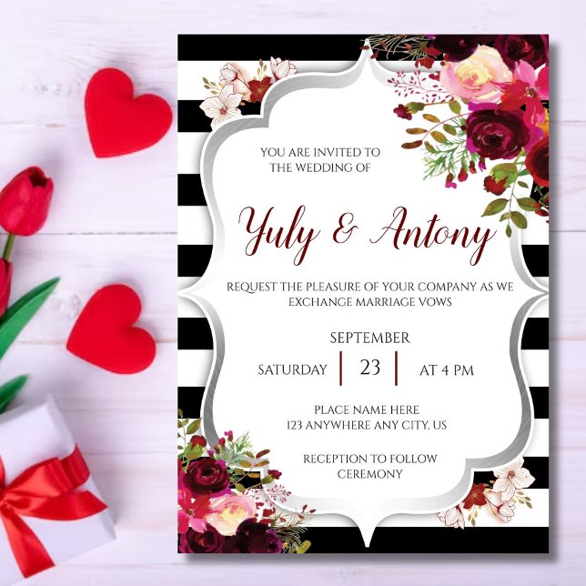 Burguny Template Invitación boda rojo borgoña  (Invitacion flores rojo borgoña con lineas negras y bordes grises, perfecta para una hermosa boda)