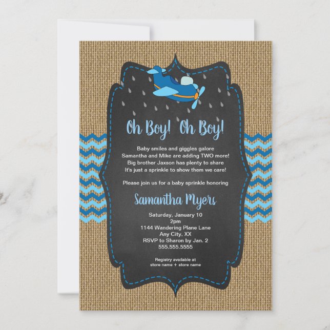 Burlap Aviones Twin Boys bebé sprinkle invitación (Anverso)