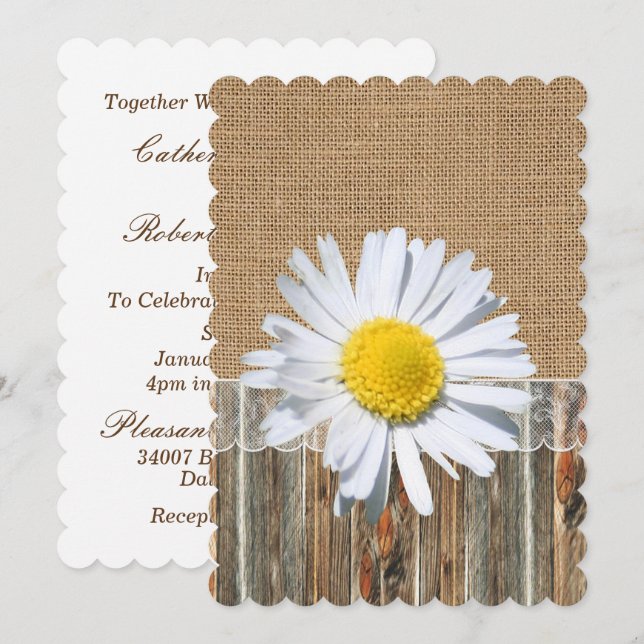 Burlap Barnwood Lace Y Daisy Invitación (Anverso / Reverso)