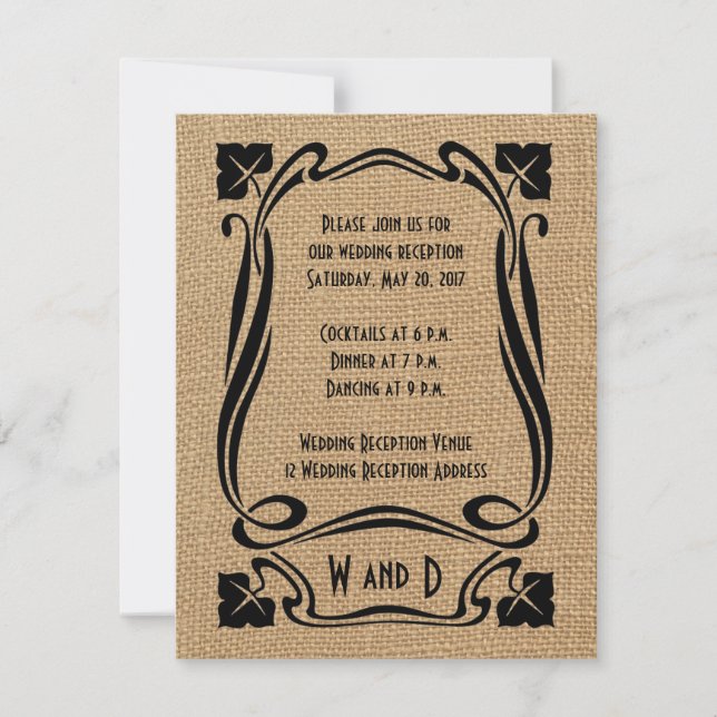Burlap Black Art Deco Bodas Tarjetas de Recepción (Anverso)