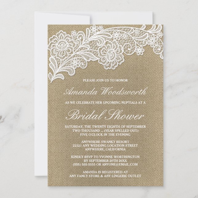 Burlap + Boda de encaje Invitaciones a ducha de no (Anverso)
