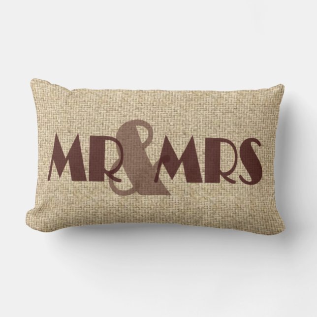 Burlap brown mr mrs boda almohada decorativa (Anverso)