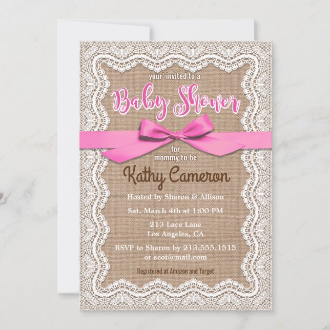 Burlap Canvas and Lace Baby Shower Invitación (Anverso)
