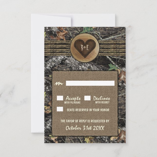 Burlap + Cartas RSVP de Boda de Camo de Corazón Es (Anverso)