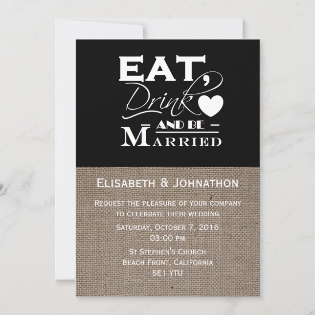 Burlap Come Bebida Y Se Casa Invitación De Boda (Anverso)