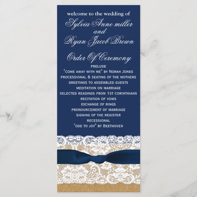 Burlap de FAUX, programas de boda rústicos, longit (Anverso)