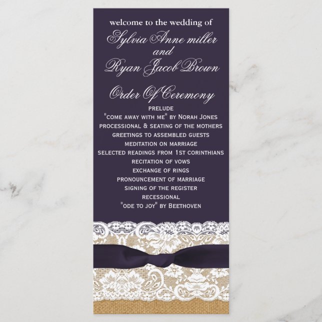 Burlap de FAUX, programas de boda rústicos, longit (Anverso)