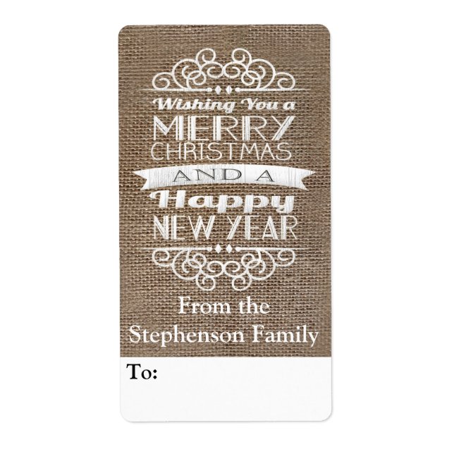 Burlap Deseándote Feliz Navidad Etiqueta (Frente)