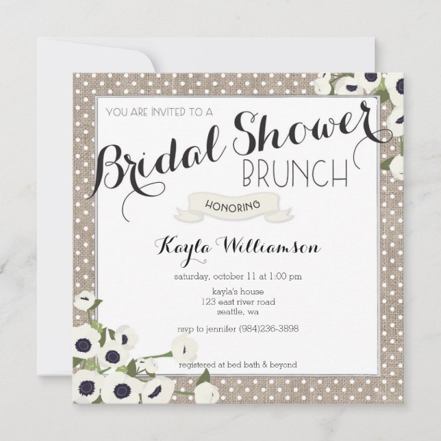Burlap Flowers Bridal Shower Brunch Invitación (Anverso)