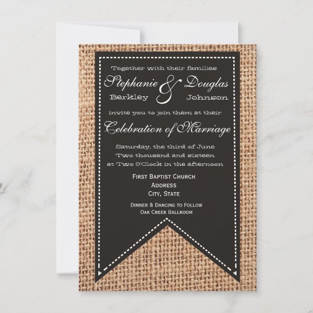 Burlap Imprimir invitaciones de boda rústica (Anverso)