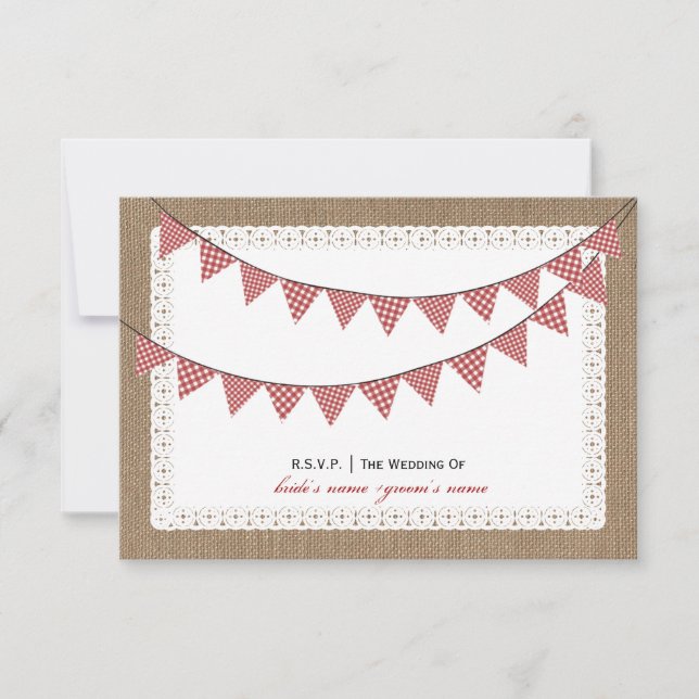 Burlap Inspiró a Red Gingham Bunting RSVP (Anverso)