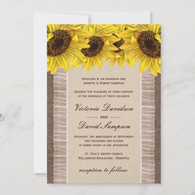 Burlap, Invitación a la Boda de Girasol de encaje (Anverso)