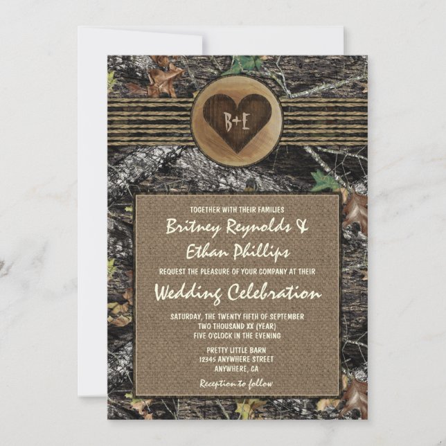 Burlap + Invitaciones a la boda de Camo de Corazón (Anverso)