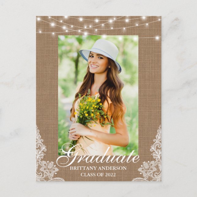 Burlap Lace Luces Foto Invitación de Graduación (Anverso)